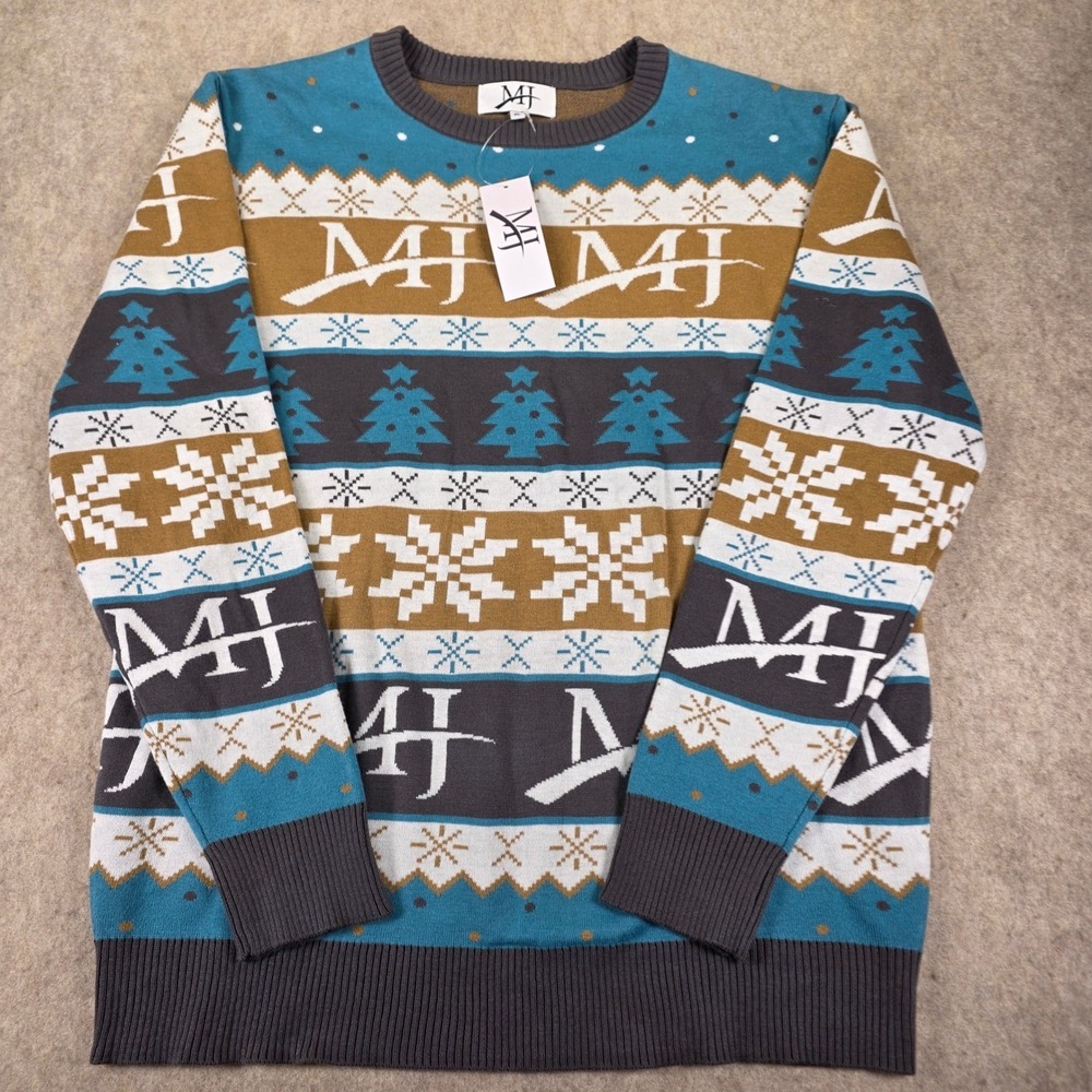 Mauldin and Jenkins Corporate Swag Christmas Sweater Mens XL Teal Gold Holiday